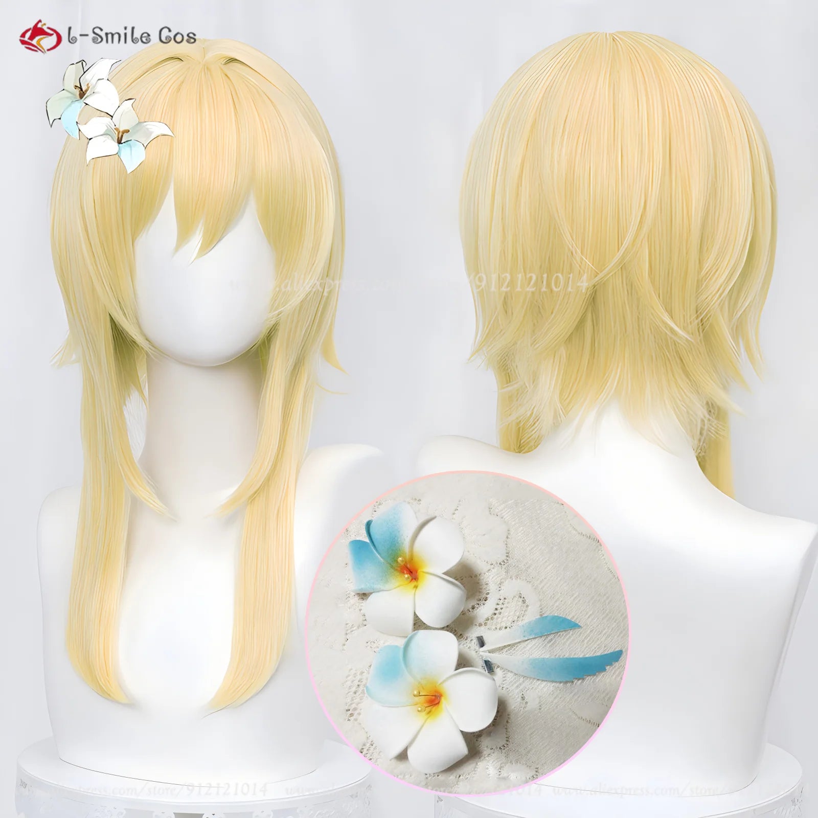Lumine Aether Cosplay Wig - Long Golden Hair with Flower Hairpin - Heat Resistant