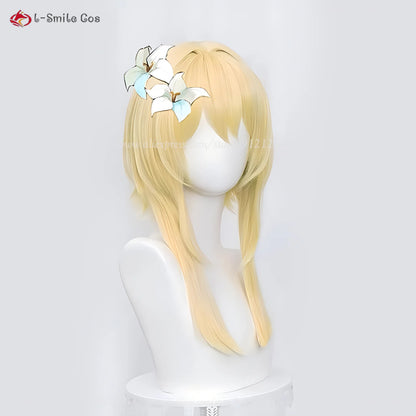 Lumine Aether Cosplay Wig - Long Golden Hair with Flower Hairpin - Heat Resistant