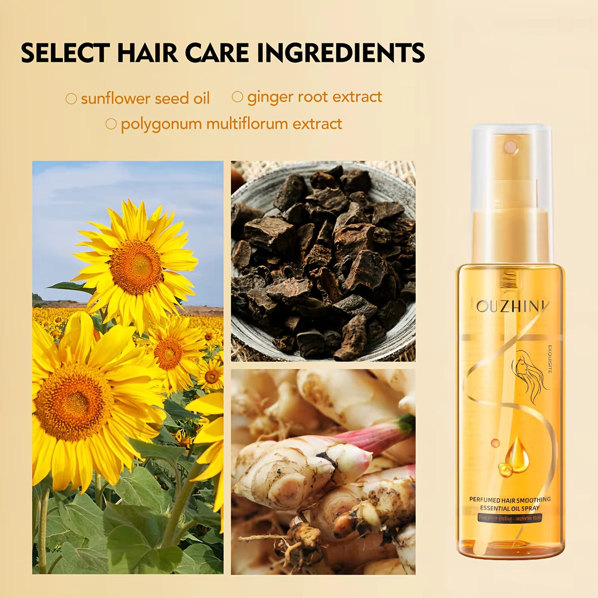 OUZHINI Perfumed Hair Smoothing Essential Oil Spray Scented Hair Mist Anti Frizz Smoothing Spray Glossy Shine Leave In Care 100ml