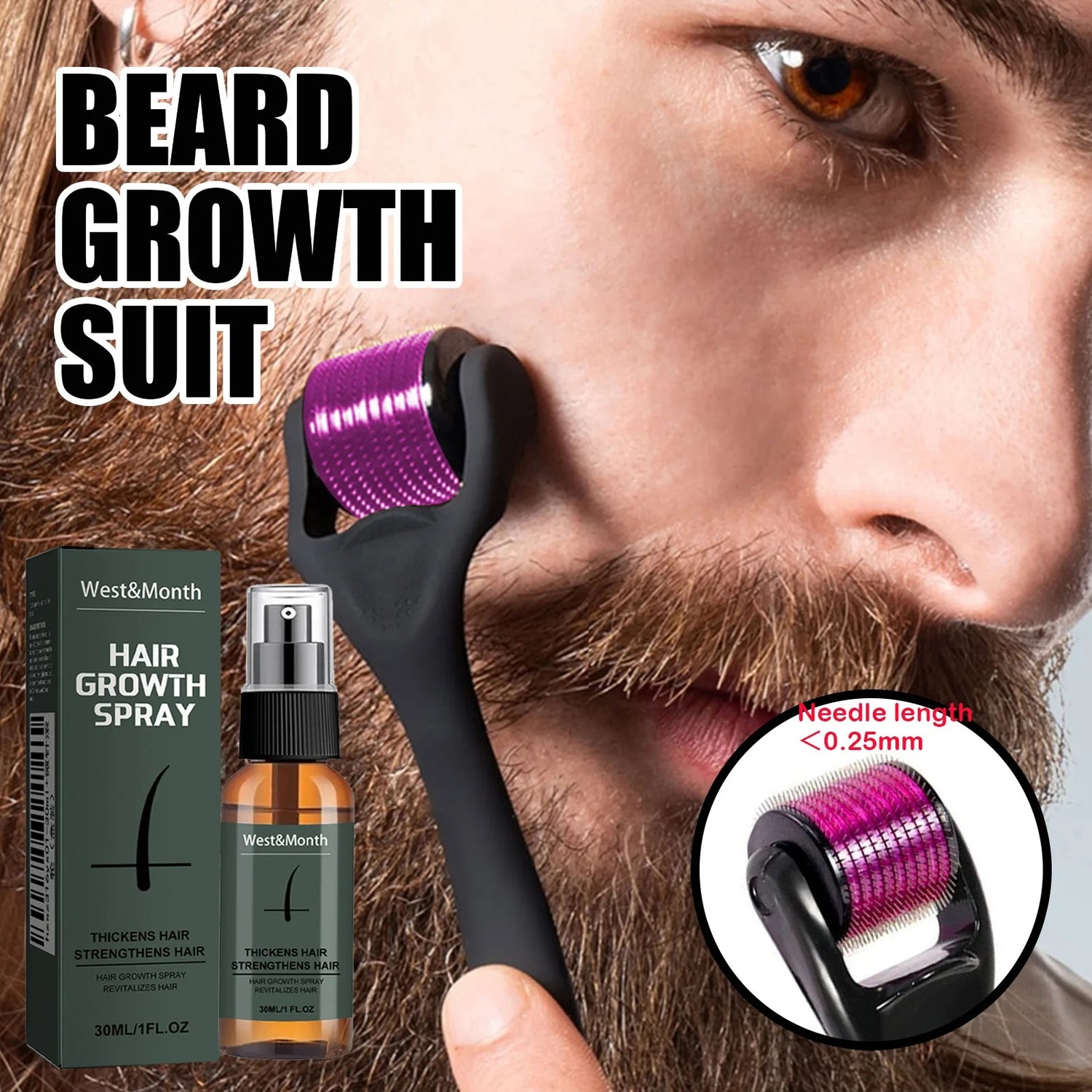 Men’s Beard Thickening Spray Kit With 0.25mm Micro Roller And Serum
