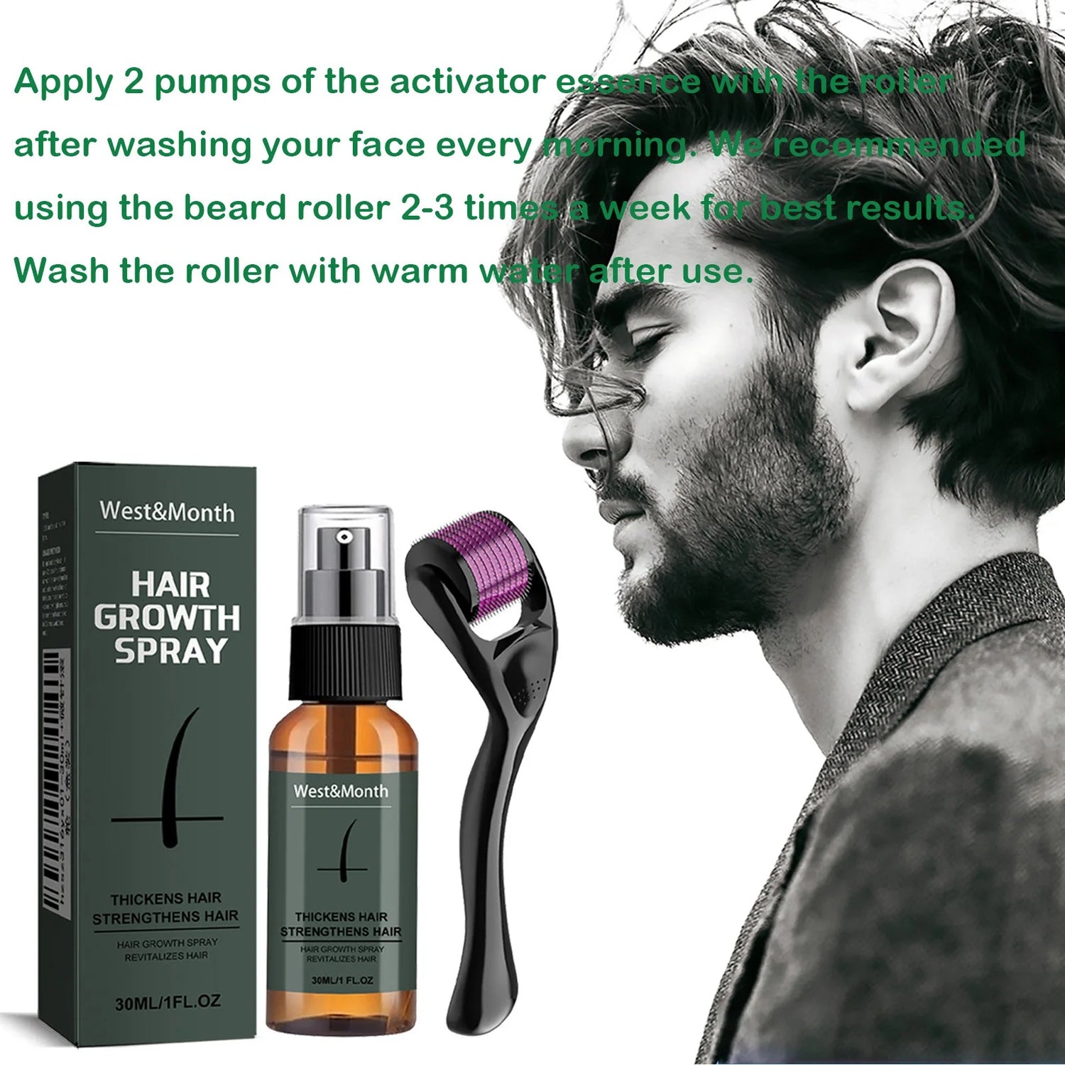 Men’s Beard Thickening Spray Kit With 0.25mm Micro Roller And Serum