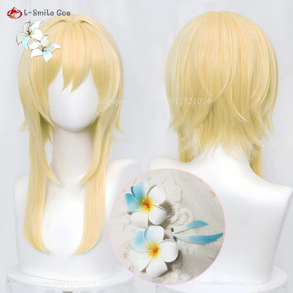 Lumine Aether Cosplay Wig - Long Golden Hair with Flower Hairpin - Heat Resistant